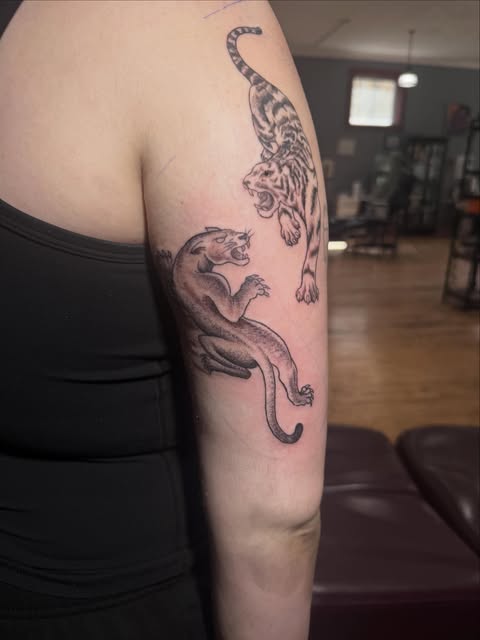 Two black and grey big-cat tattoos on an upper arm.