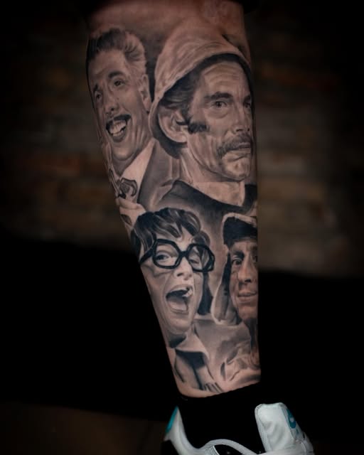 Black and grey tattoo combining several expressive portrait faces.
